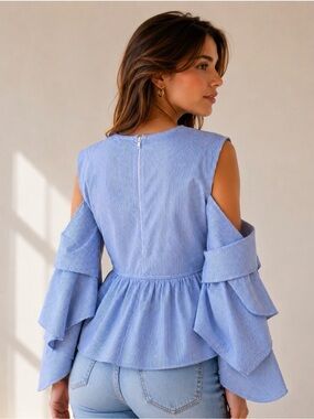 3.1 Phillip Lim Cold-Shoulder Pinstripe Peplum Top — Size 2
